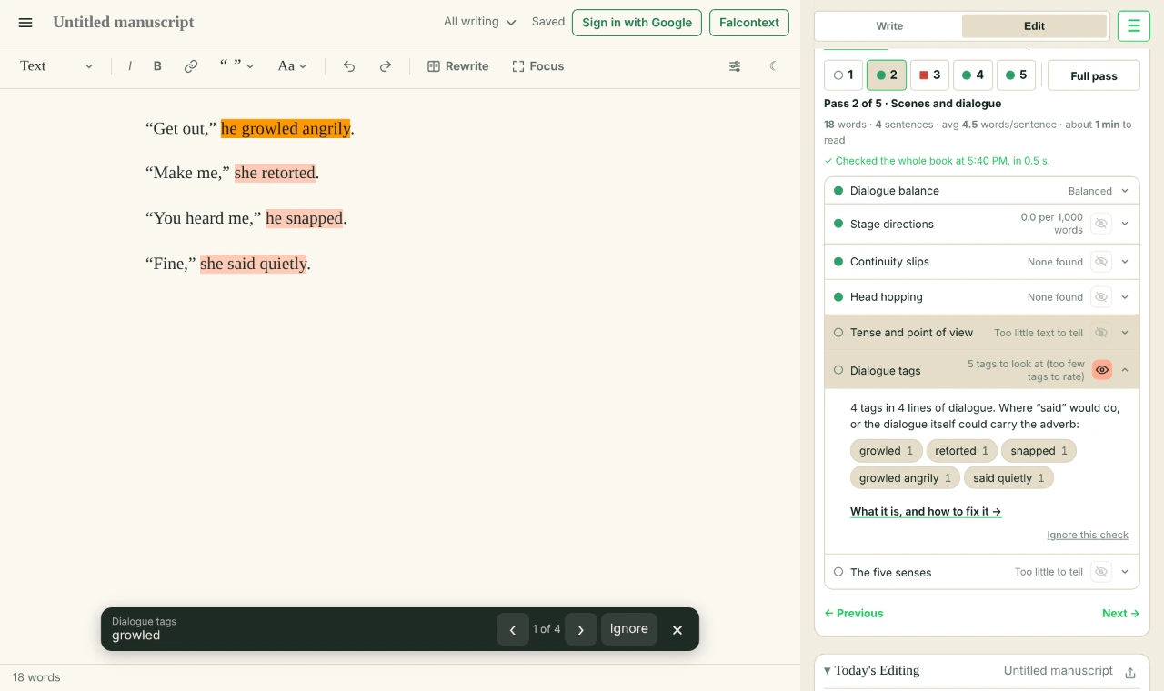 Falcontext&rsquo;s Edit tab beside Perch&rsquo;s writing pad: the Dialogue tags check open, finding growled, retorted and snapped, and the adverbs in &ldquo;growled angrily&rdquo; and &ldquo;said quietly&rdquo;, marked in the text.