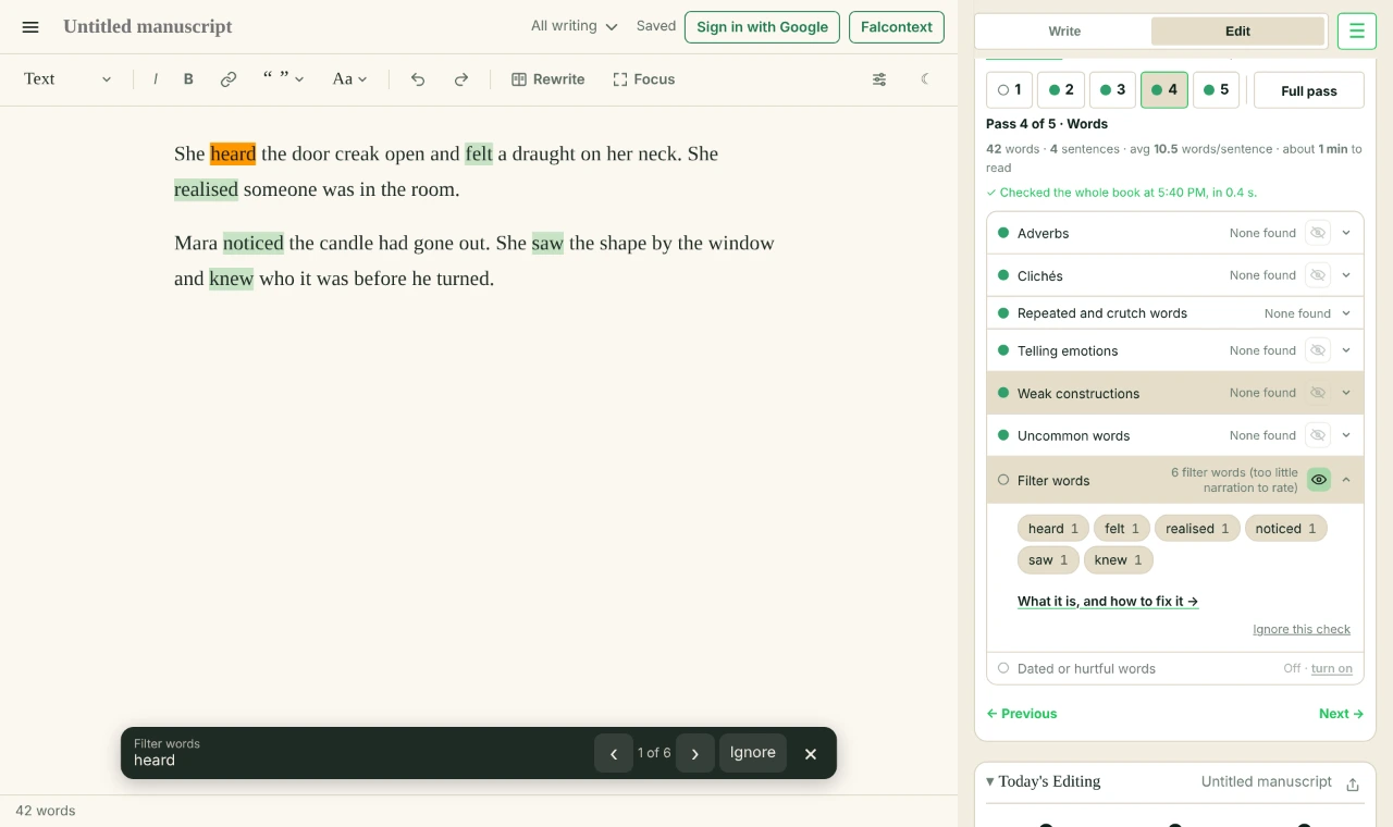 Falcontext&rsquo;s Edit tab beside Perch&rsquo;s writing pad: the Filter words check open, finding heard, felt, realised, noticed, saw and knew, marked in the text.