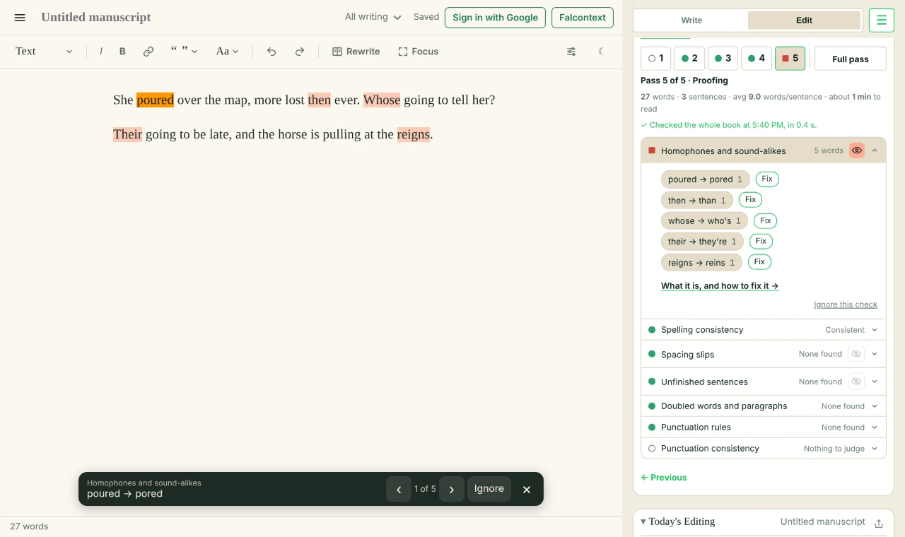 Falcontext&rsquo;s Edit tab beside Perch&rsquo;s writing pad: the Homophones and sound-alikes check open, finding poured for pored, then for than, whose for who&rsquo;s, their for they&rsquo;re and reigns for reins, marked in the text.