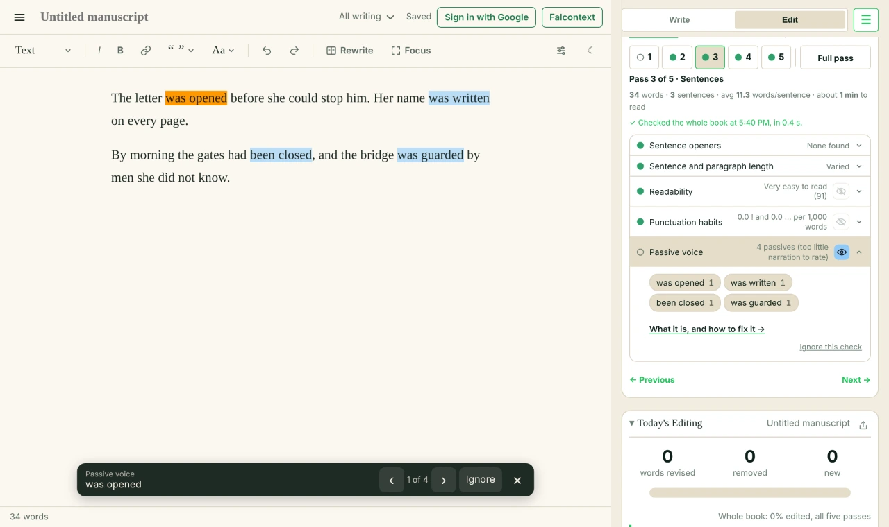 Falcontext&rsquo;s Edit tab beside Perch&rsquo;s writing pad: the Passive voice check open, finding &ldquo;was opened&rdquo;, &ldquo;was written&rdquo;, &ldquo;been closed&rdquo; and &ldquo;was guarded&rdquo;, marked in the text.