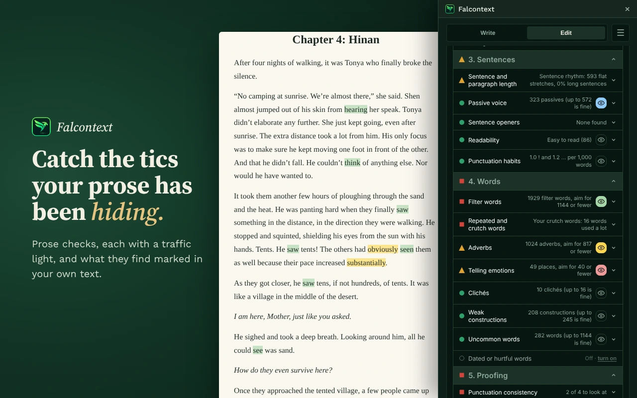 Falcontext, one of the writing tools compared here, beside a chapter of a novel: filter words, adverbs and passive voice marked in the text, next to all the checks with a traffic light each.